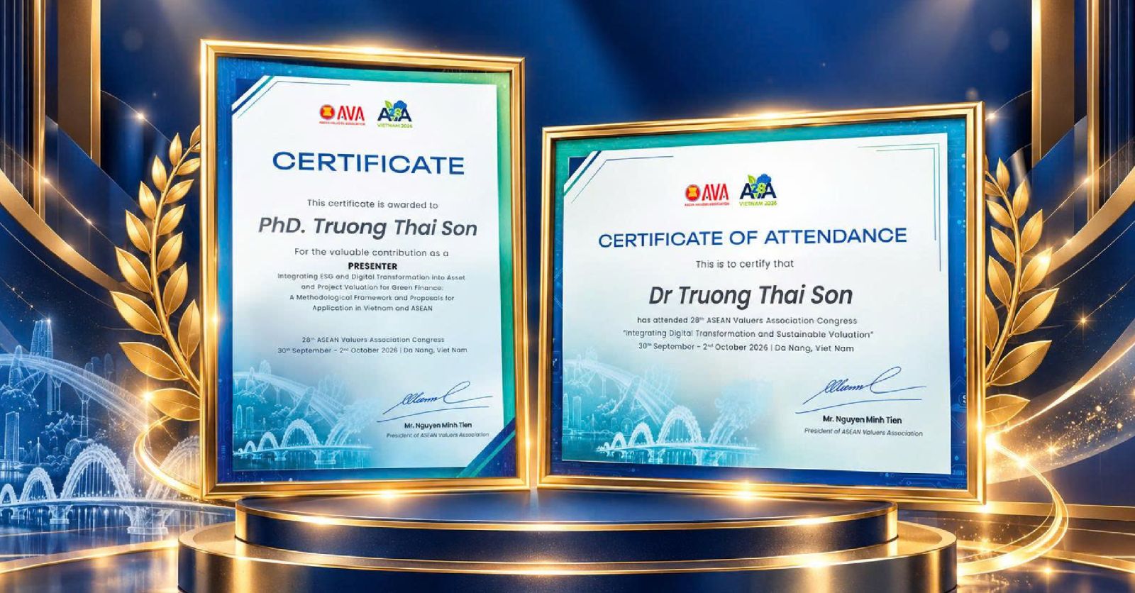 Chứng nhận của TS. Trương Thái Sơn tại AVA 28, ghi nhận vai trò diễn giả trình bày tham luận và sự tham dự Hội nghị