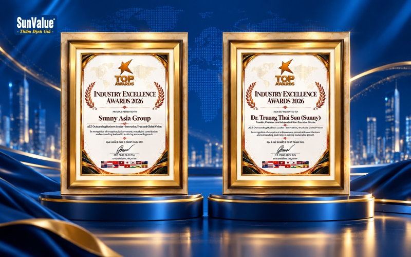 Hai chứng nhận Industry Excellence Awards 2026 do Liên đoàn Doanh nghiệp Quốc tế (IBF) trao tặng Sunny Asia Group và TS. Trương Thái Sơn tại Malaysia.