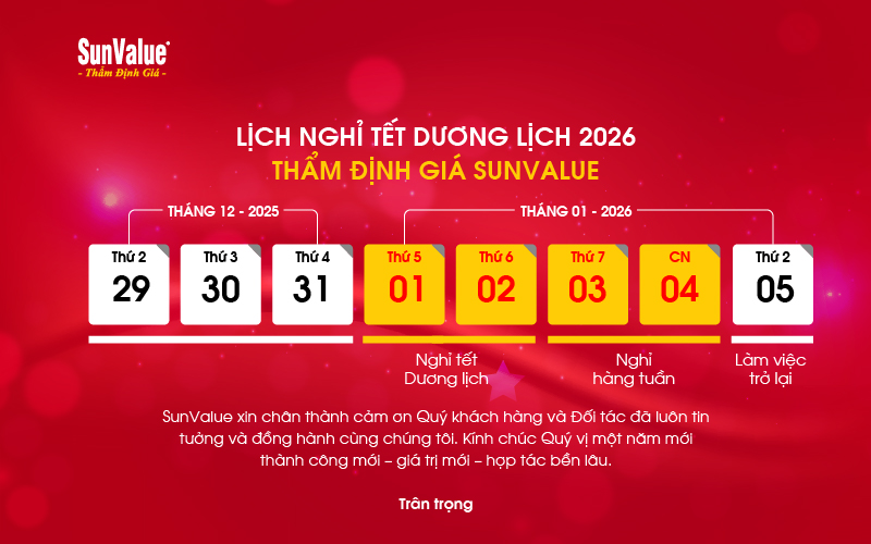 Lịch nghỉ Tết Dương lịch 2026 SunValue