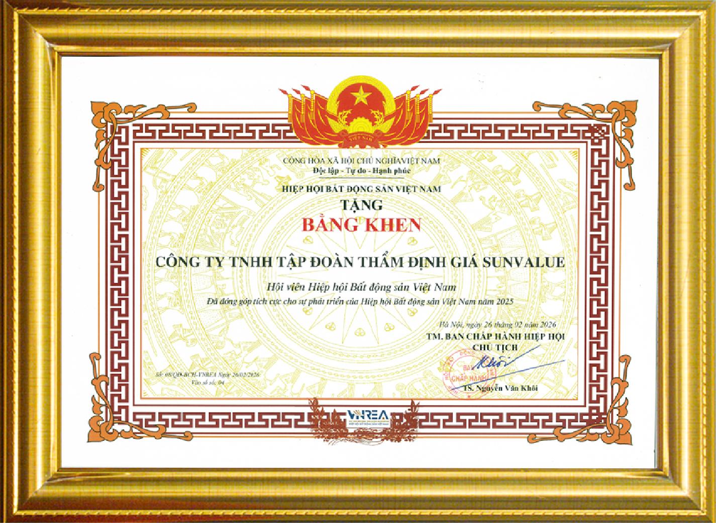 Bằng khen dành cho hội viên đã có nhiều đóng góp tích cực cho sự phát triển của Hiệp hội trong năm 2025